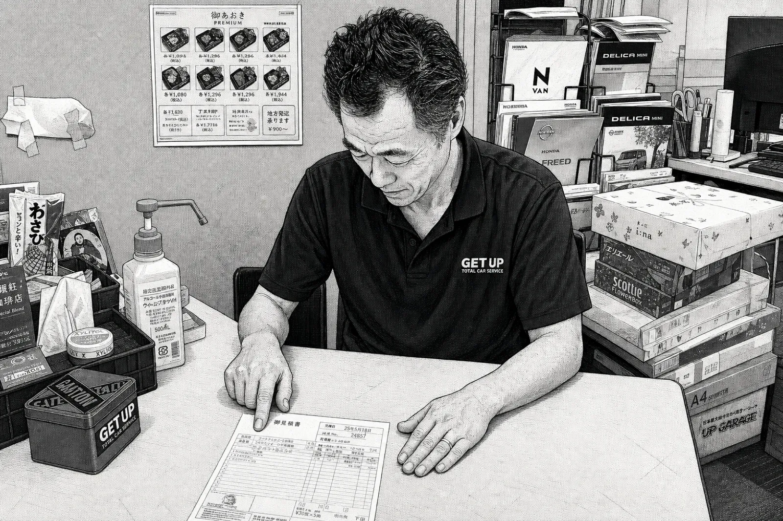 スタッフ 本田弘が商談スペースでお車のご説明をする様子(イラスト)