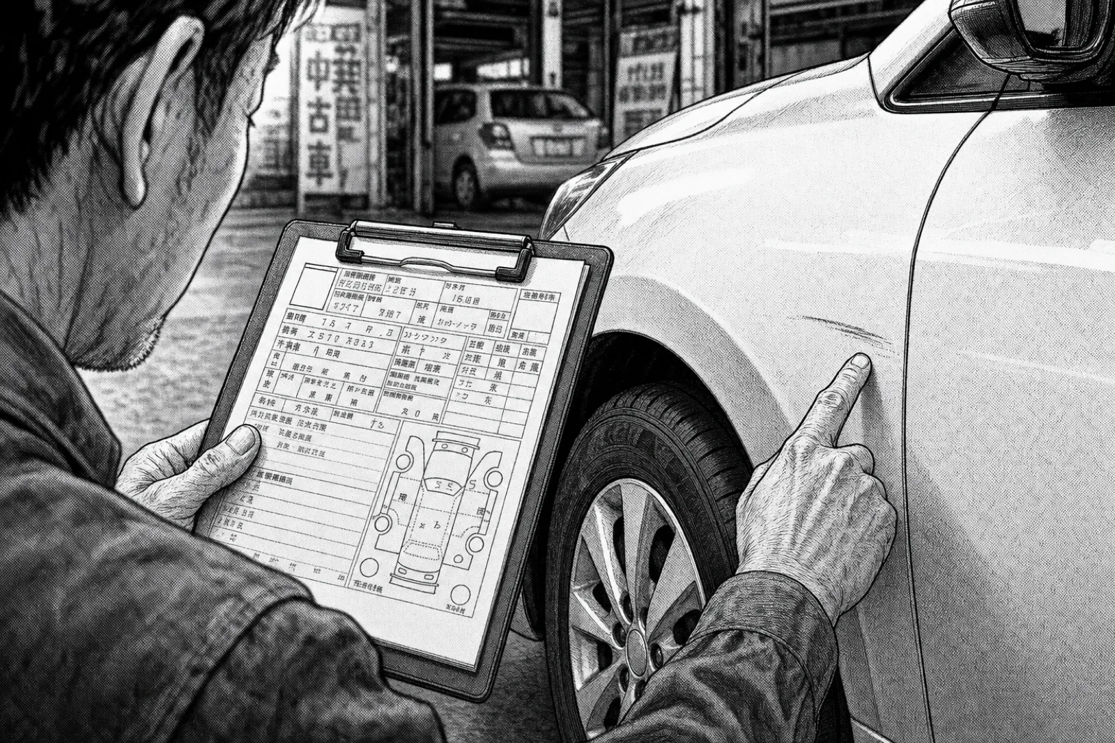 オークション出品表を見ながら車の状態を確認する様子(イラスト)